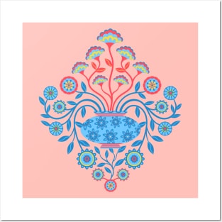 DREAMY DAMASK Cottagecore Floral Botanical Damask with Vase Icy Blue Red Yellow Pink - UnBlink Studio by Jackie Tahara Posters and Art